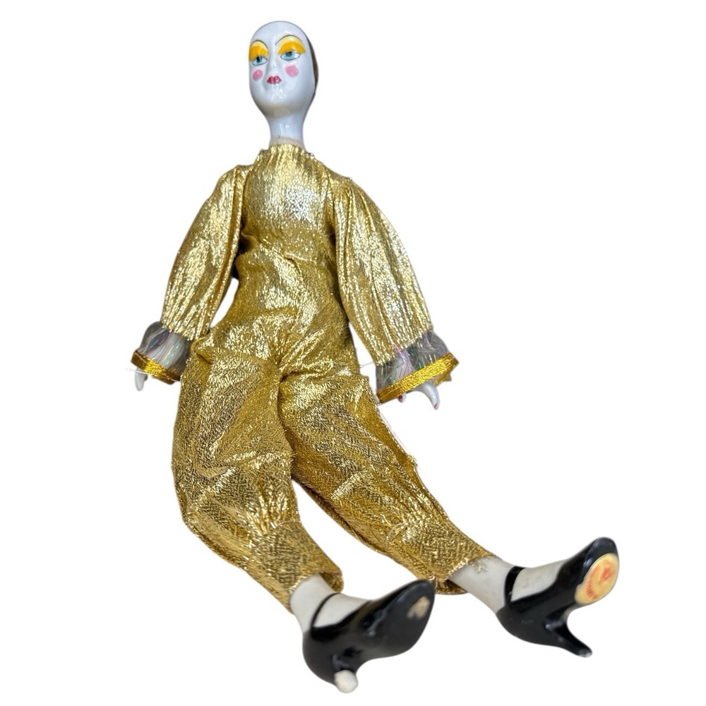 Vintage CAPSCO Pierrott Doll 18" Ceramin Head, Arms & Legs-Gold Sequin Costume